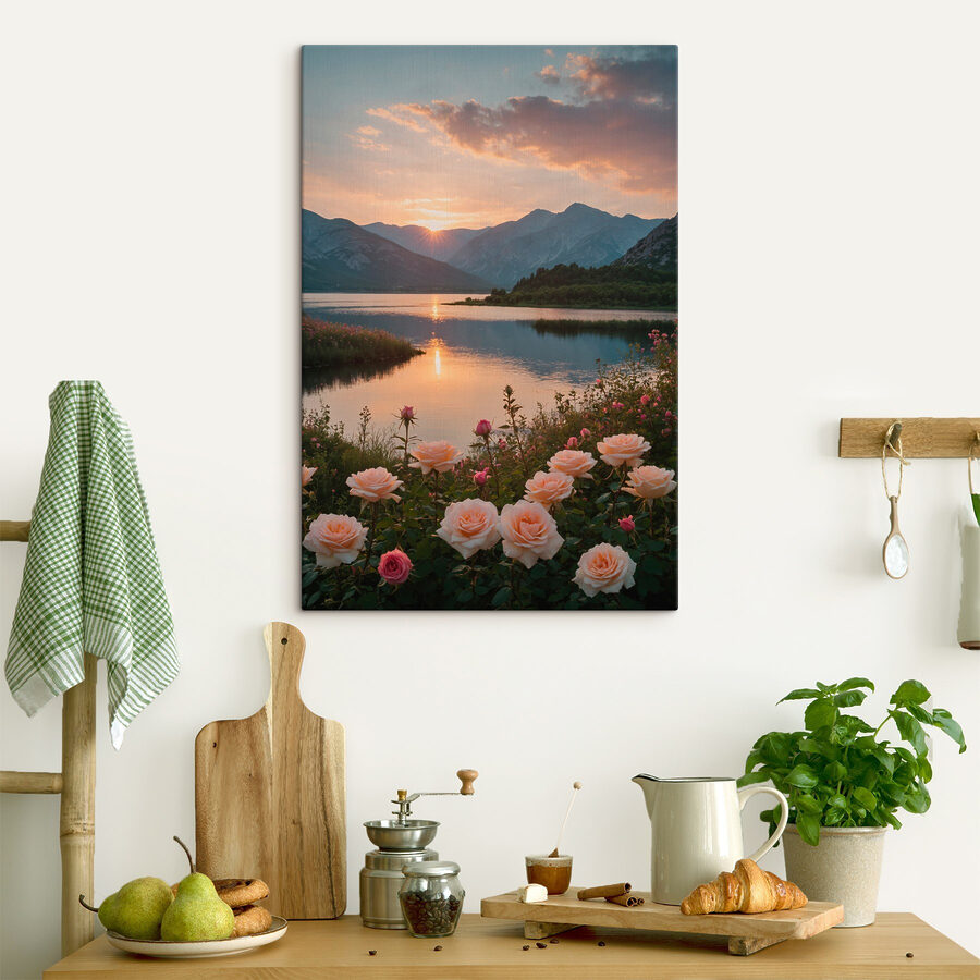 See mit Blumen und Bergen im Hintergrund