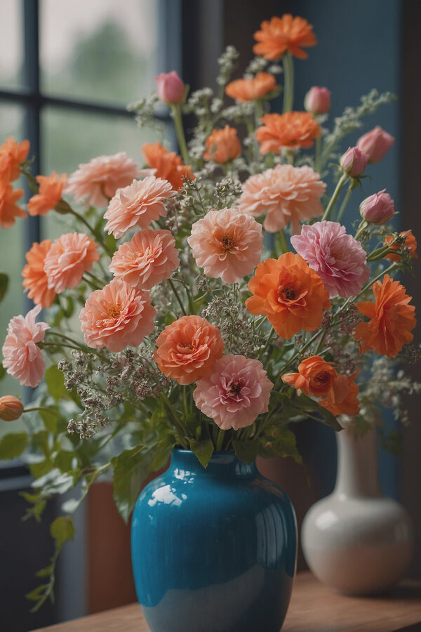 Vase mit Blumen vor einem Fenster Vase mit Blumen vor einem Fenster