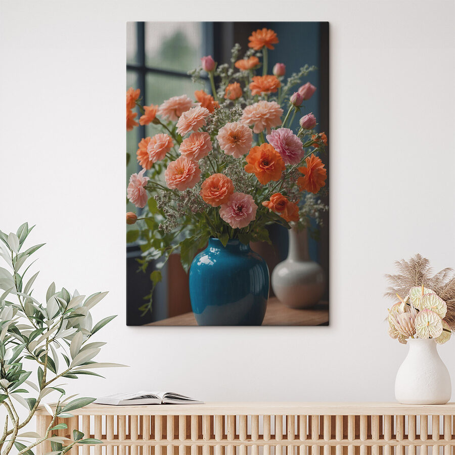 Vase mit Blumen vor einem Fenster