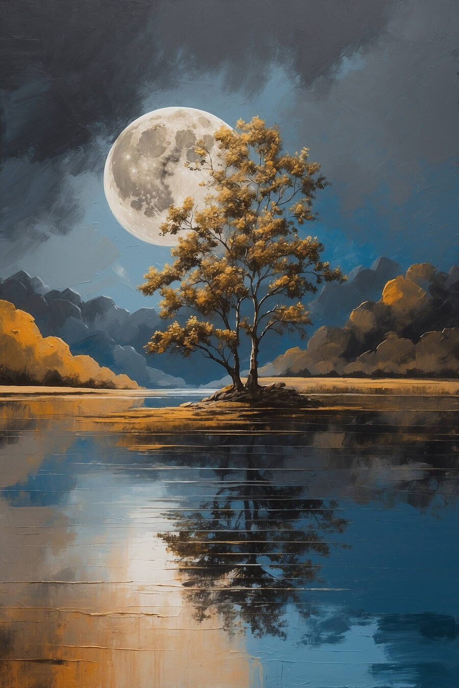 Baum auf einem See mit Vollmond im Hintergrund