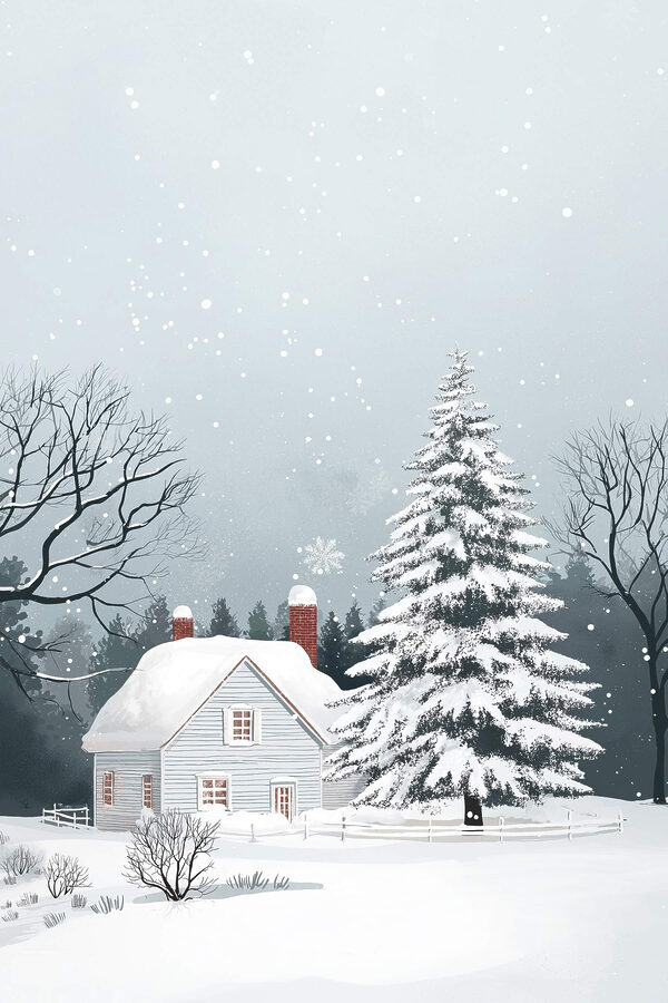 Haus mit Schnee auf dem Dach und einem Baum im Schnee Haus mit Schnee auf dem Dach und einem Baum im Schnee
