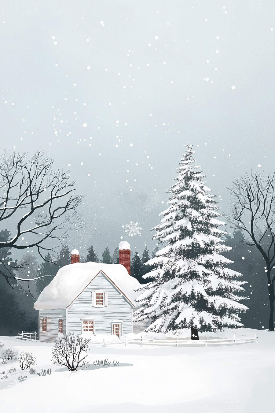 Haus mit Schnee auf dem Dach und einem Baum im Schnee