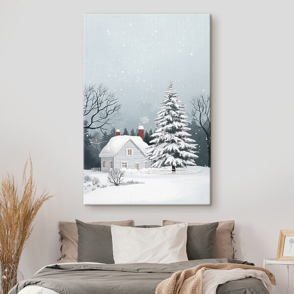 Haus mit Schnee auf dem Dach und einem Baum im Schnee Haus mit Schnee auf dem Dach und einem Baum im Schnee