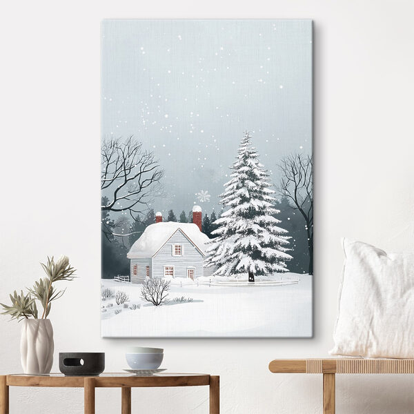 Haus mit Schnee auf dem Dach und einem Baum im Schnee Haus mit Schnee auf dem Dach und einem Baum im Schnee