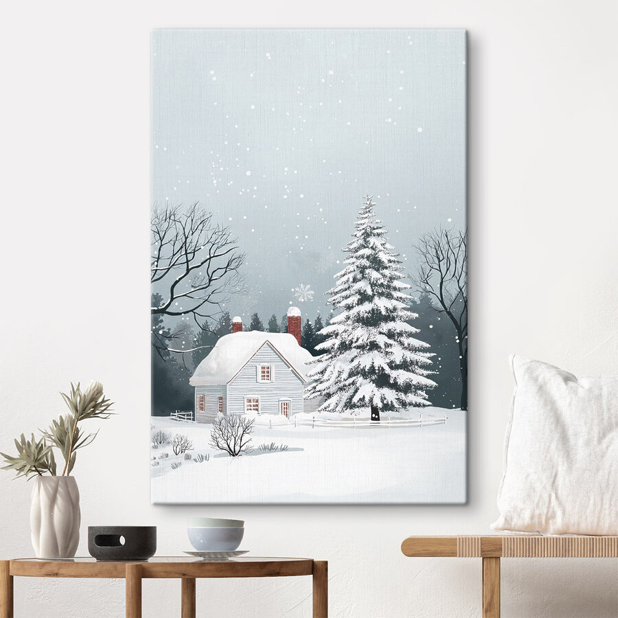 Haus mit Schnee auf dem Dach und einem Baum im Schnee