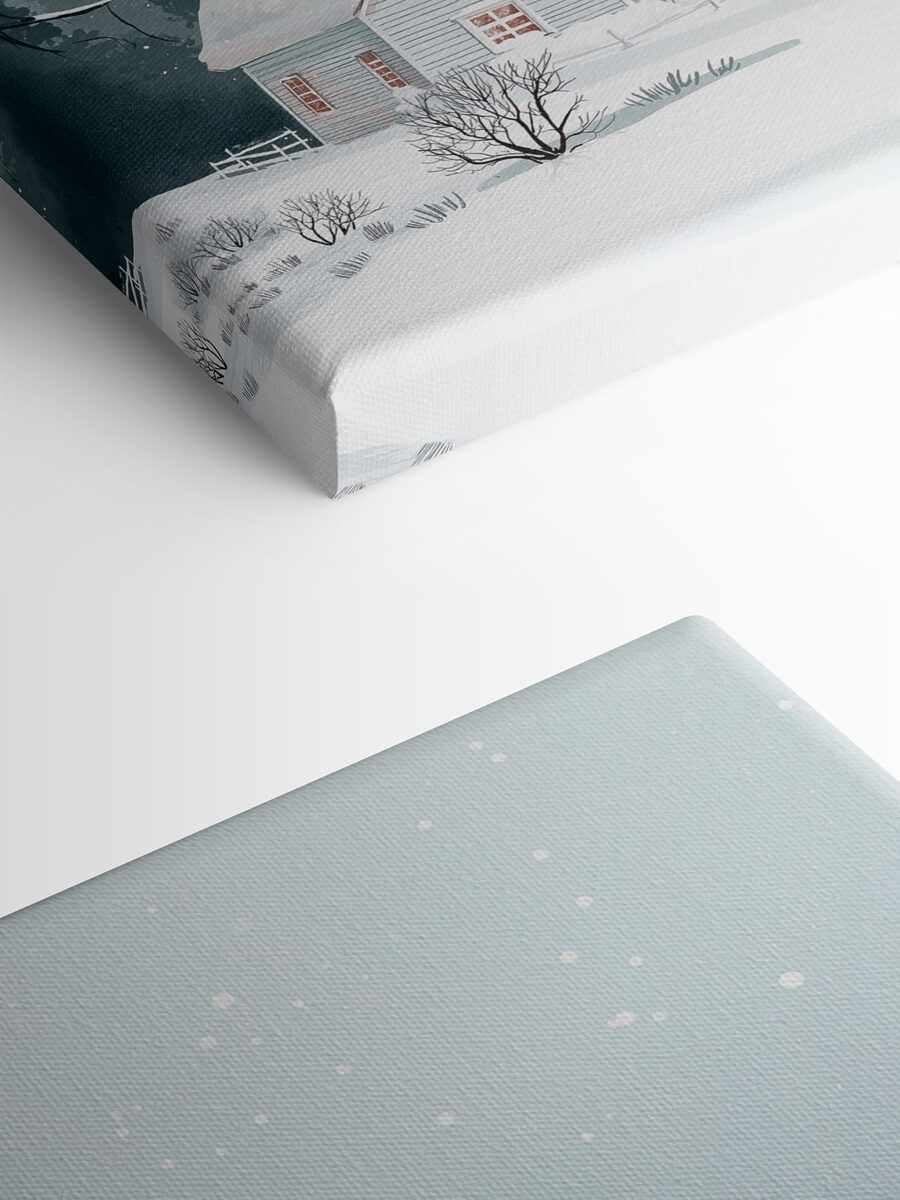 Haus mit Schnee auf dem Dach und einem Baum im Schnee