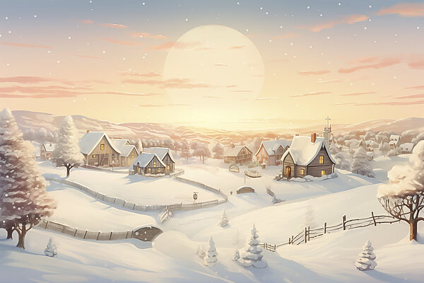 Snow covered village with trees and a fence Snow covered village with trees and a fence