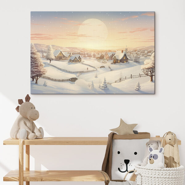 Snow covered village with trees and a fence Snow covered village with trees and a fence