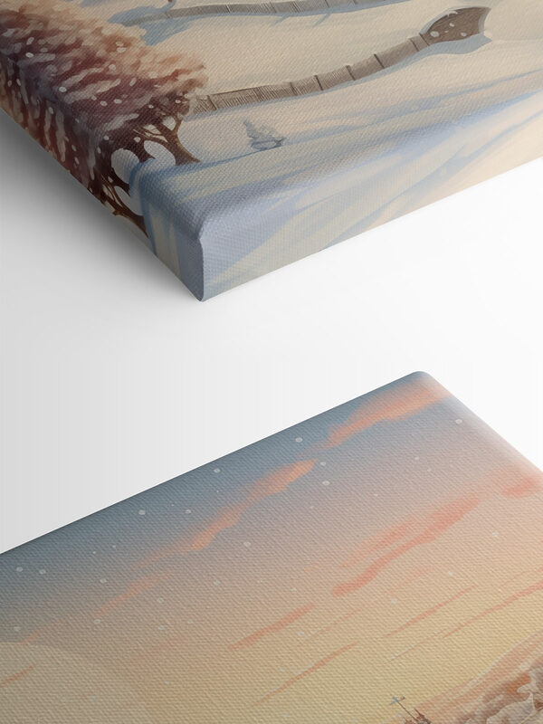 Snow covered village with trees and a fence Snow covered village with trees and a fence