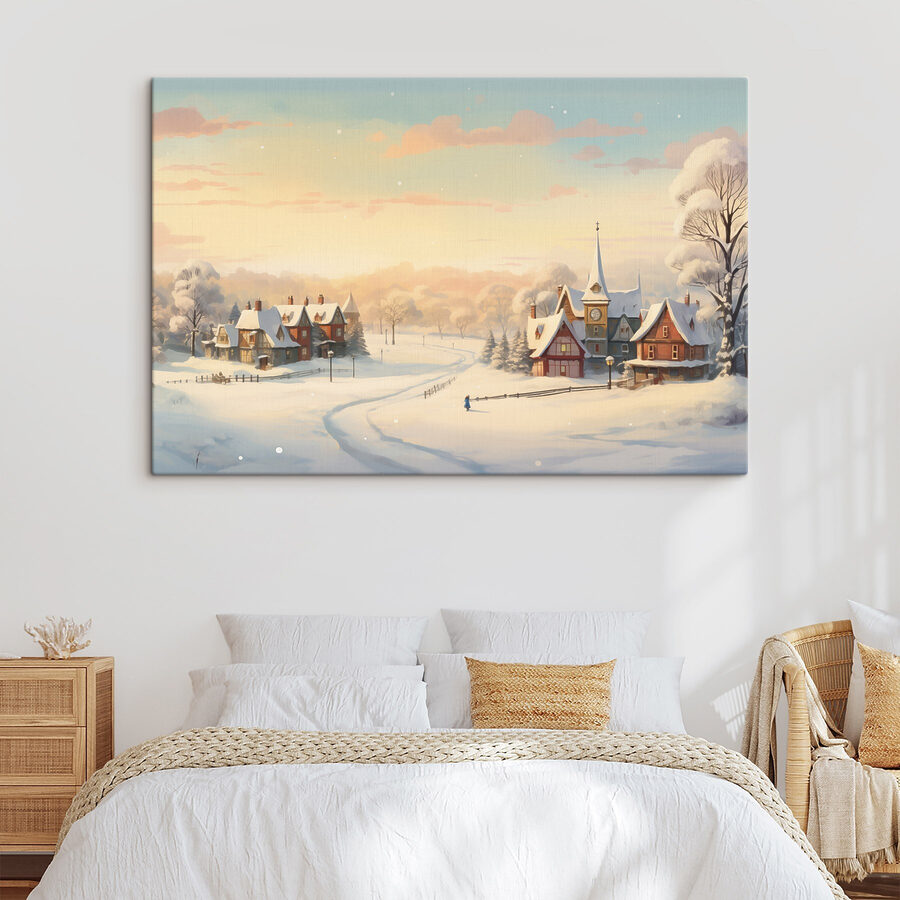 Schneebedeckte Stadt mit einer Kirche und einer Straße