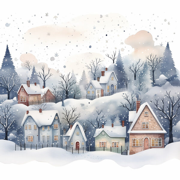Aquarellmalerei von Häusern und Bäumen im Schnee Aquarellmalerei von Häusern und Bäumen im Schnee