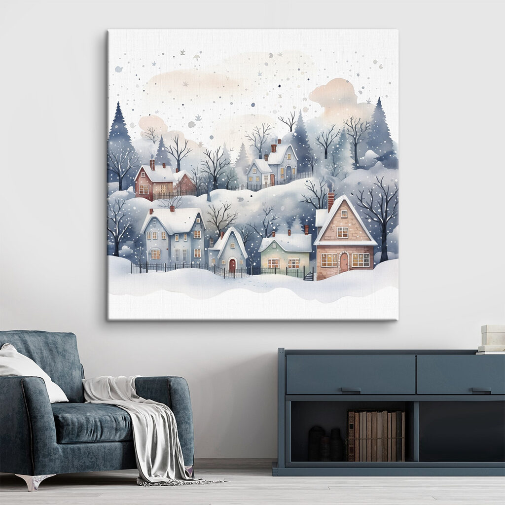 Watercolor painting of houses and trees in the snow Watercolor painting of houses and trees in the snow