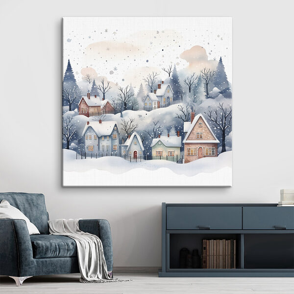 Aquarellmalerei von Häusern und Bäumen im Schnee Aquarellmalerei von Häusern und Bäumen im Schnee