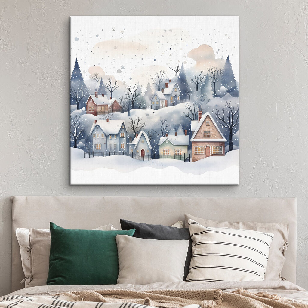 Watercolor painting of houses and trees in the snow Watercolor painting of houses and trees in the snow