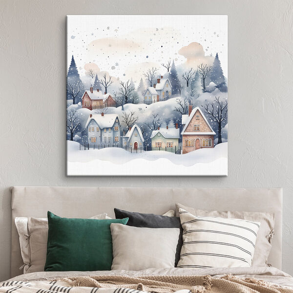 Aquarellmalerei von Häusern und Bäumen im Schnee Aquarellmalerei von Häusern und Bäumen im Schnee