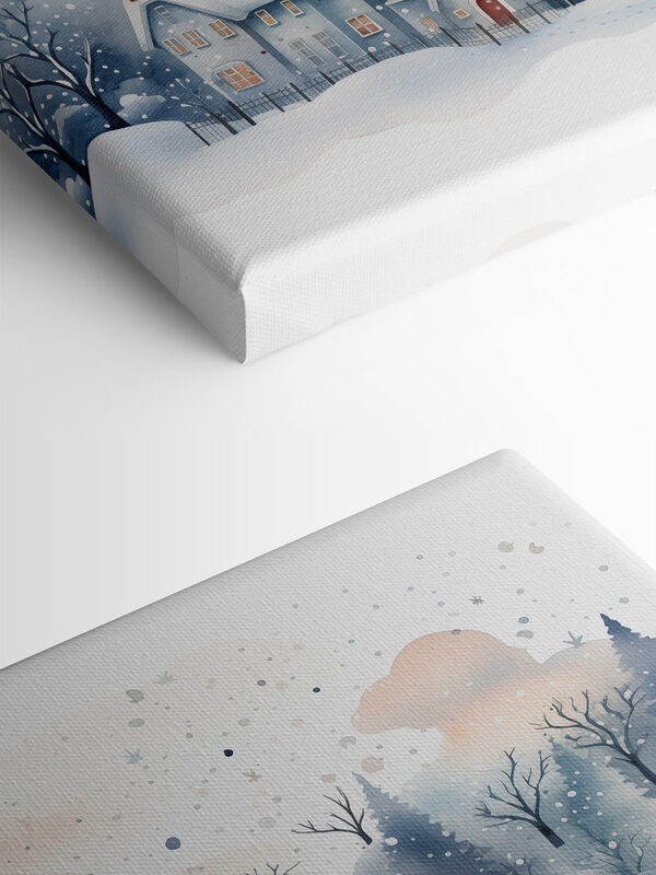 Aquarellmalerei von Häusern und Bäumen im Schnee Aquarellmalerei von Häusern und Bäumen im Schnee