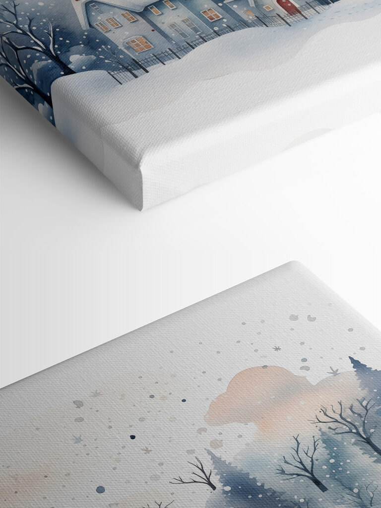 Watercolor painting of houses and trees in the snow Watercolor painting of houses and trees in the snow