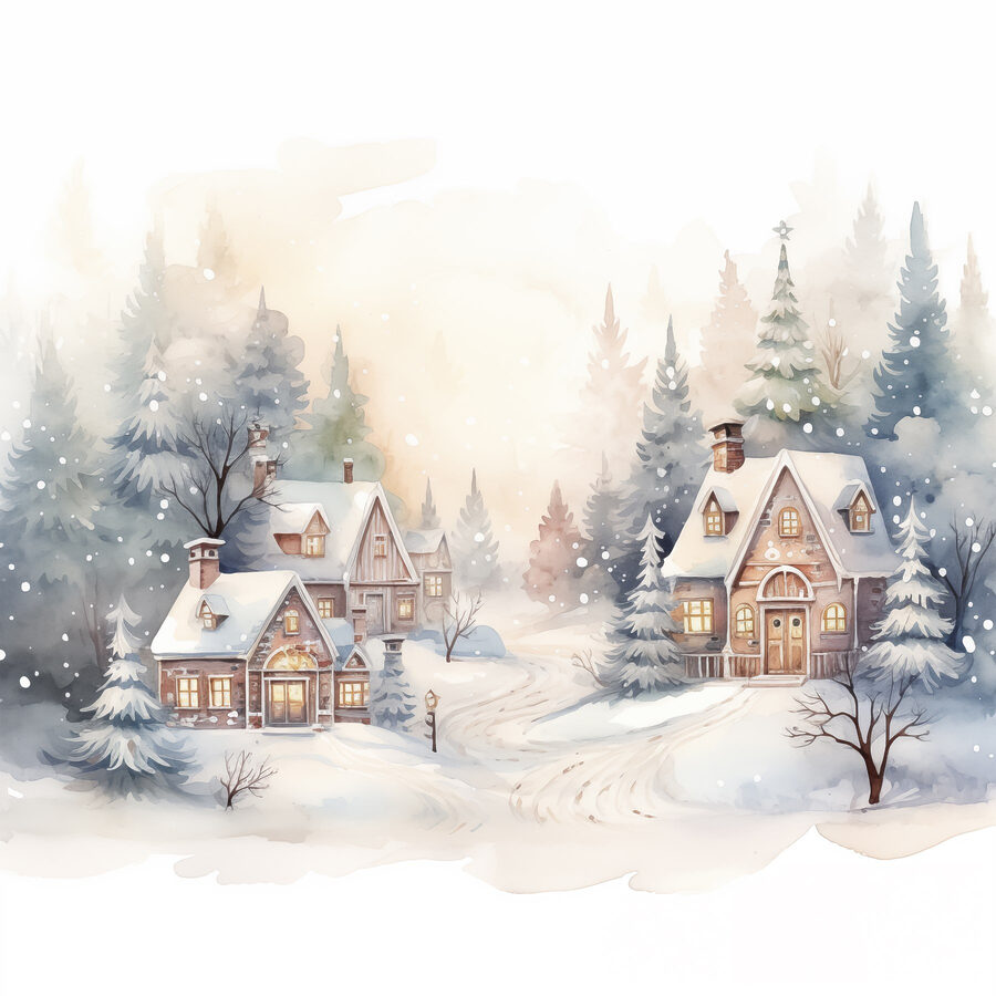 Aquarellmalerei von Häusern in einem verschneiten Wald