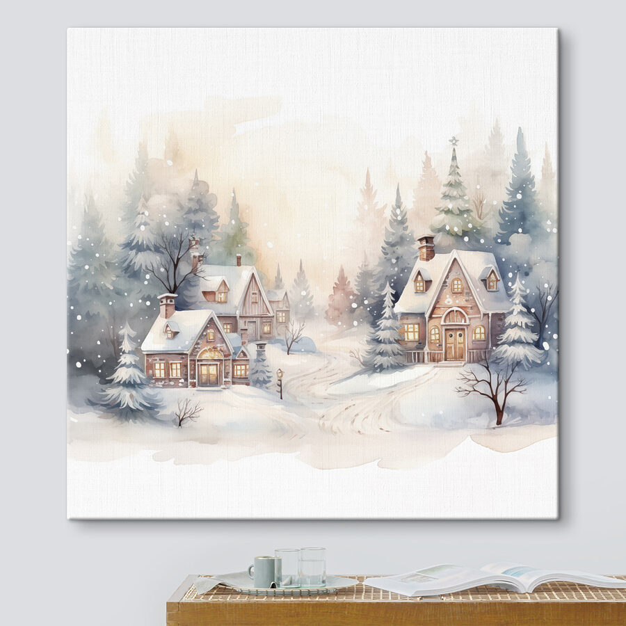 Aquarellmalerei von Häusern in einem verschneiten Wald