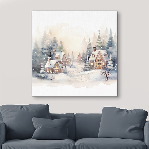 Aquarellmalerei von Häusern in einem verschneiten Wald Aquarellmalerei von Häusern in einem verschneiten Wald