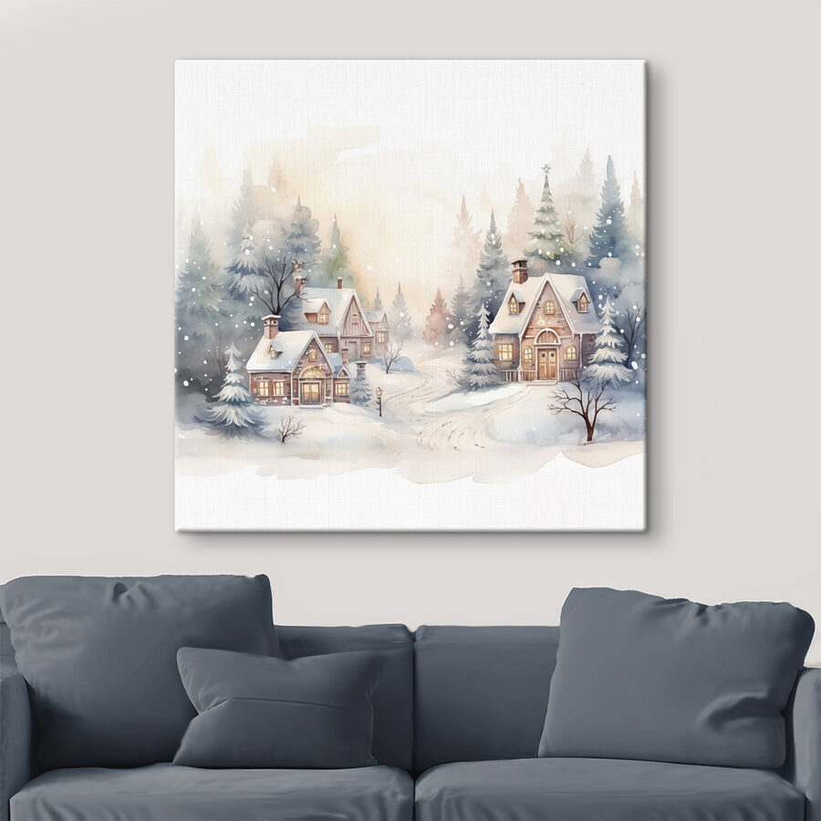 Aquarellmalerei von Häusern in einem verschneiten Wald