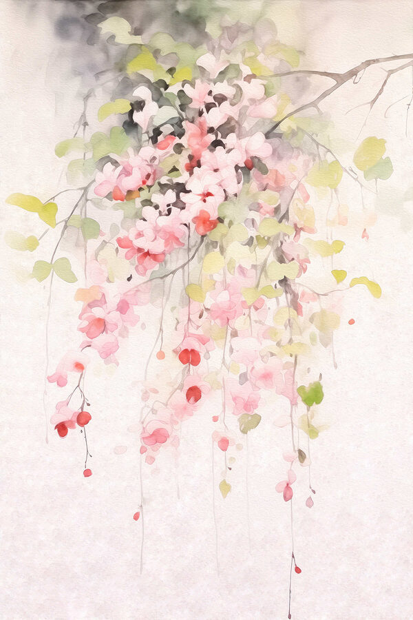 Aquarellmalerei mit rosa Blumen und grünen Blättern Aquarellmalerei mit rosa Blumen und grünen Blättern
