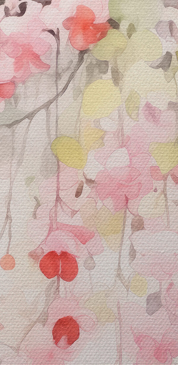 Aquarellmalerei mit rosa Blumen und grünen Blättern Aquarellmalerei mit rosa Blumen und grünen Blättern