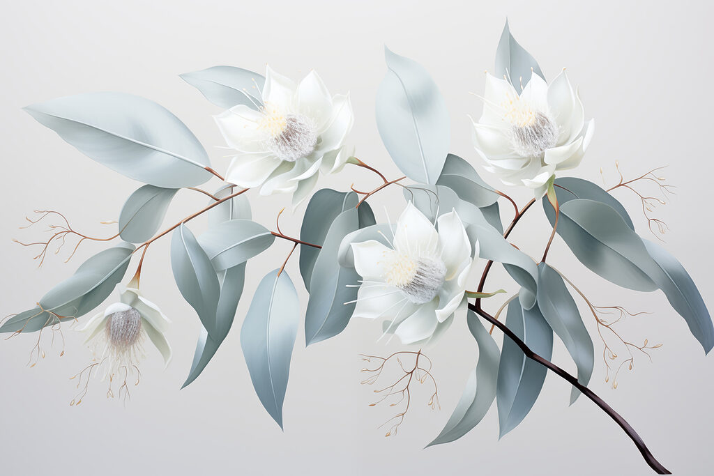 Weiße Blüten und Blätter auf einem Zweig Weiße Blüten und Blätter auf einem Zweig