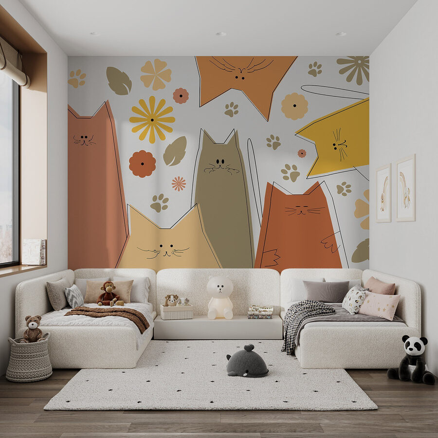 Gruppe von Katzen und Blumen