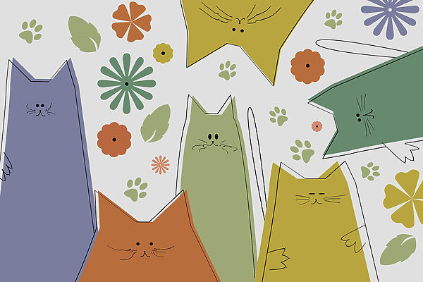 Gruppe von Katzen mit Blumen und Blättern Gruppe von Katzen mit Blumen und Blättern