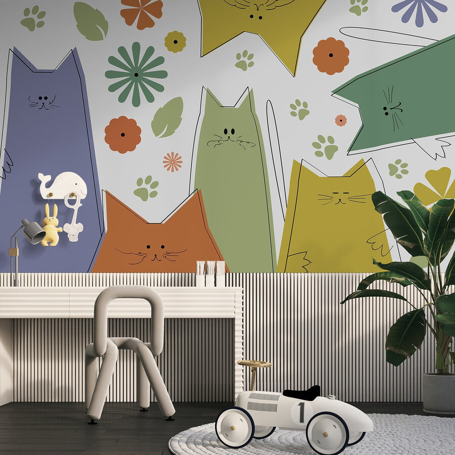 Gruppe von Katzen mit Blumen und Blättern