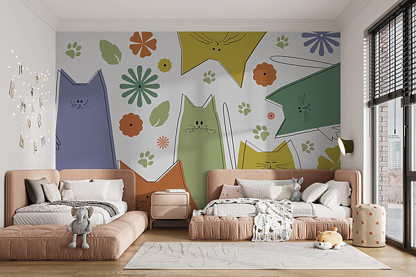 Gruppe von Katzen mit Blumen und Blättern Gruppe von Katzen mit Blumen und Blättern