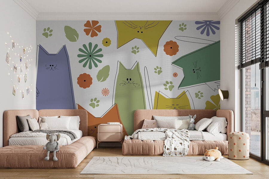 Gruppe von Katzen mit Blumen und Blättern