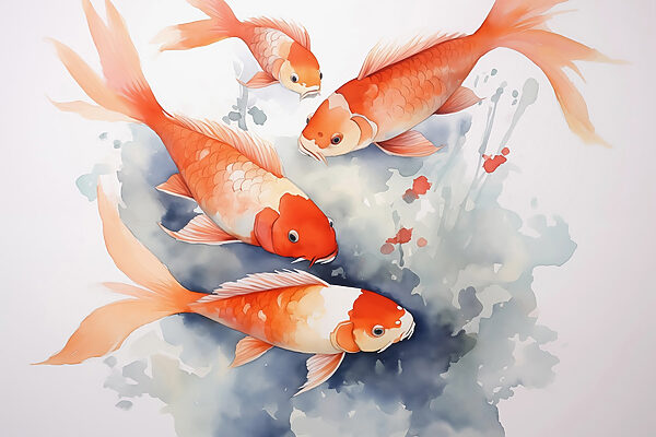 Gruppe von orangefarbenen und weißen Fischen, die im Wasser schwimmen Gruppe von orangefarbenen und weißen Fischen, die im Wasser schwimmen