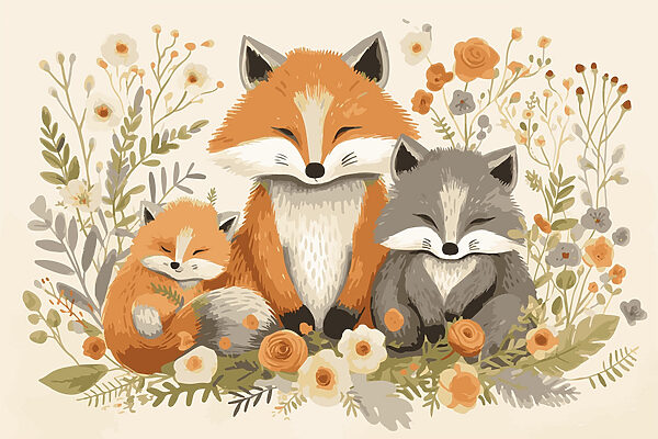 Fuchs und Babyfuchs sitzen in Blumen Fuchs und Babyfuchs sitzen in Blumen
