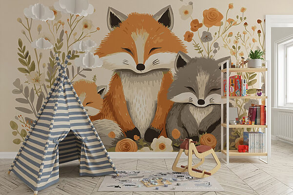 Fuchs und Babyfuchs sitzen in Blumen Fuchs und Babyfuchs sitzen in Blumen