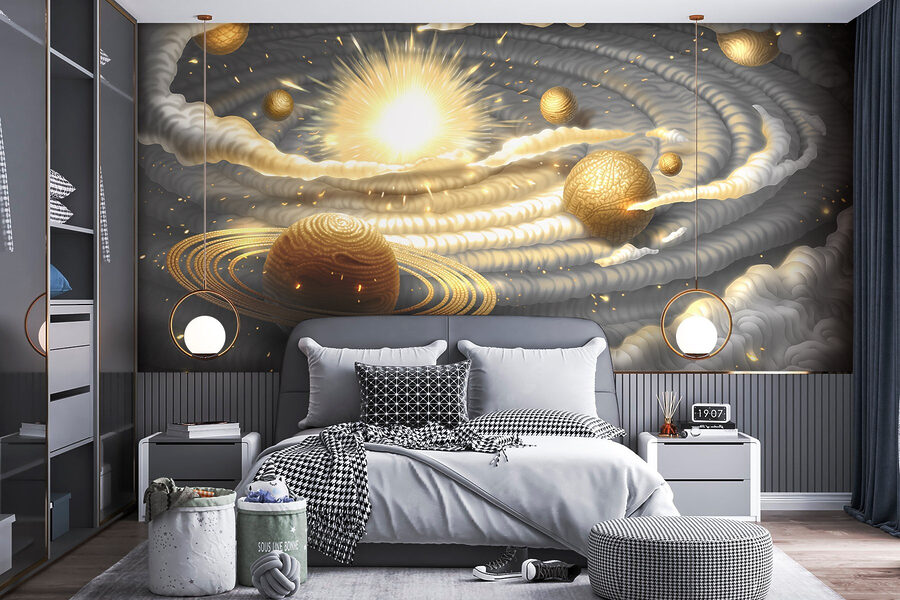 Planet mit Ringen und Sternen am Himmel Planet mit Ringen und Sternen am Himmel