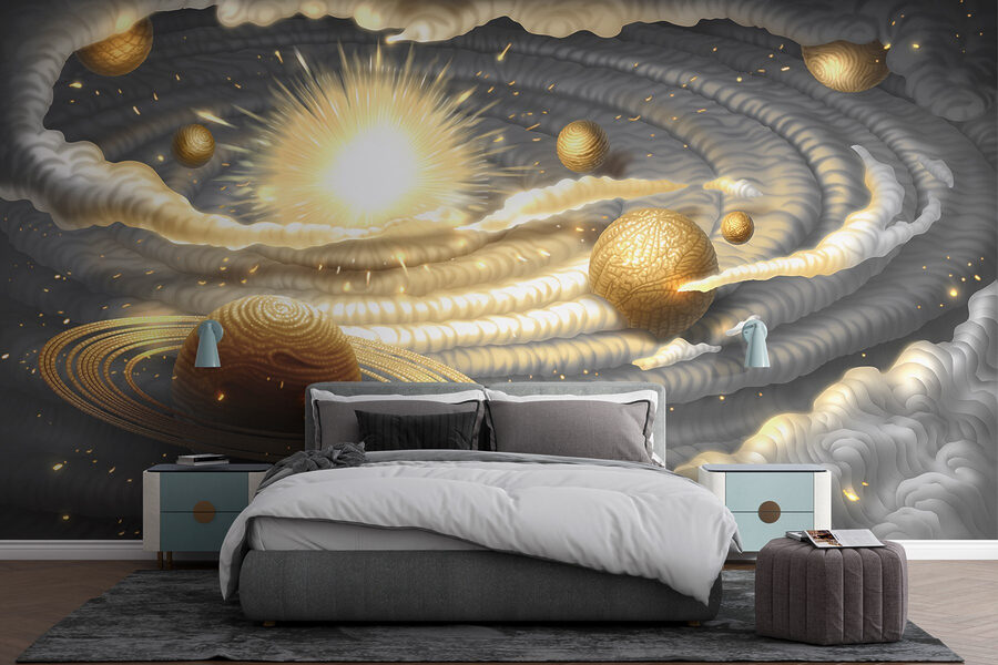 Planet mit Ringen und Sternen am Himmel Planet mit Ringen und Sternen am Himmel