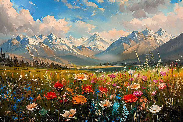 Blumenfeld mit Bergen im Hintergrund Blumenfeld mit Bergen im Hintergrund