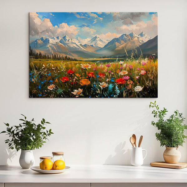 Blumenfeld mit Bergen im Hintergrund Blumenfeld mit Bergen im Hintergrund