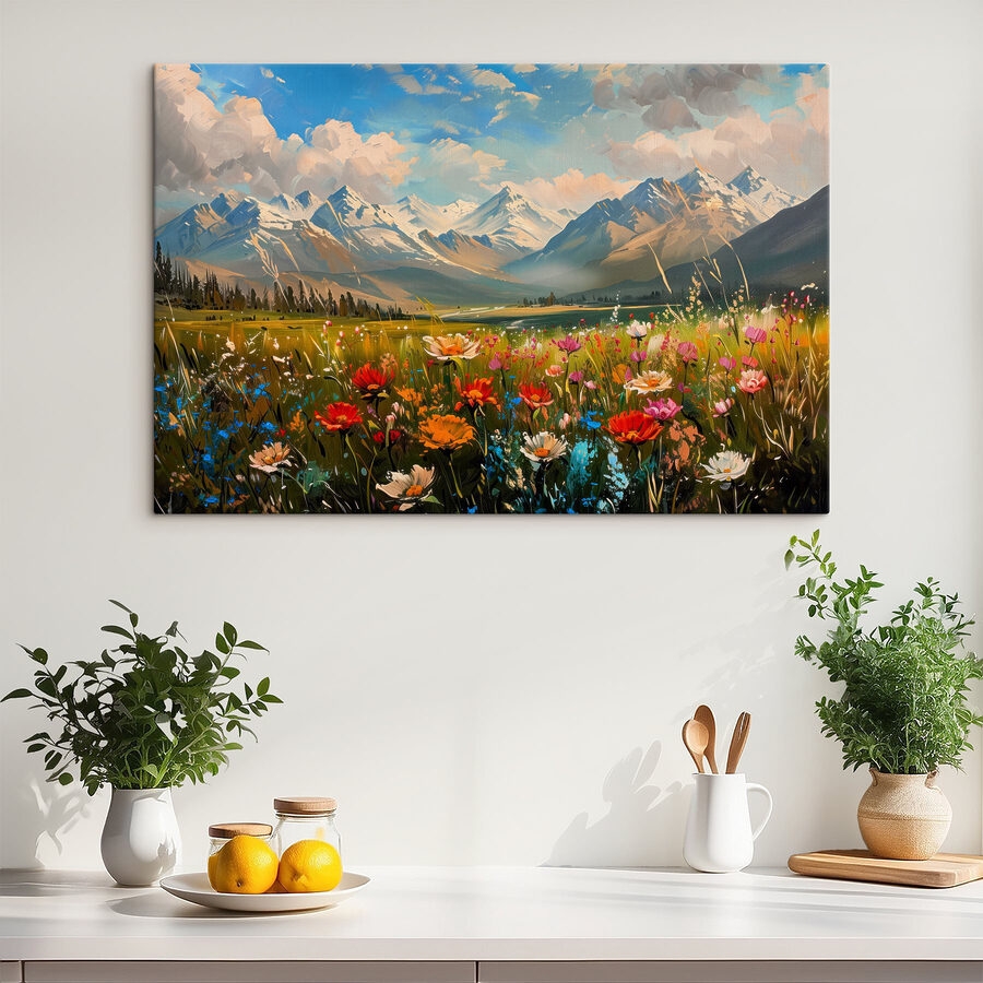 Blumenfeld mit Bergen im Hintergrund Blumenfeld mit Bergen im Hintergrund