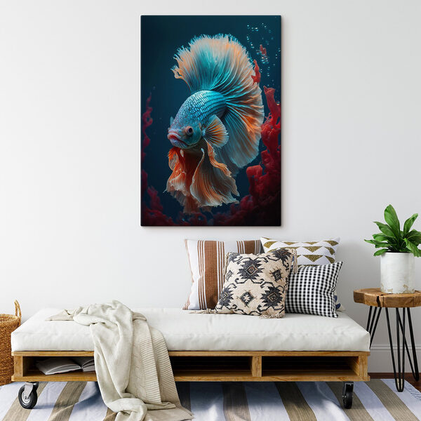 Blaue und orangefarbene Fische schwimmen im Wasser Blaue und orangefarbene Fische schwimmen im Wasser