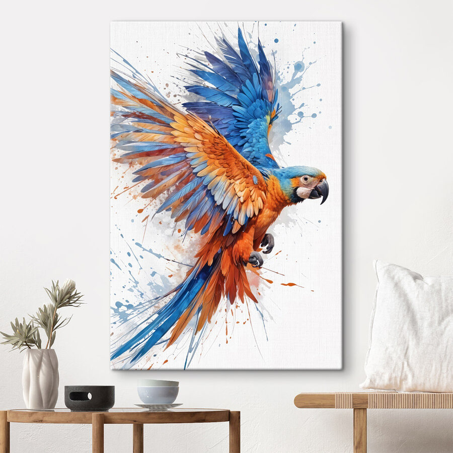 Bunter Vogel fliegt mit Farbspritzern
