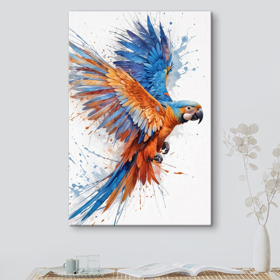 Bunter Vogel fliegt mit Farbspritzern