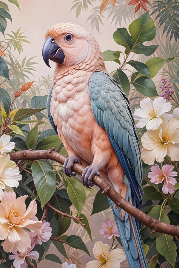 Vogel auf einem Zweig mit Blumen sitzend Vogel auf einem Zweig mit Blumen sitzend