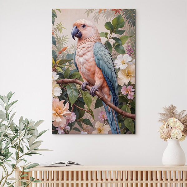 Vogel auf einem Zweig mit Blumen sitzend Vogel auf einem Zweig mit Blumen sitzend