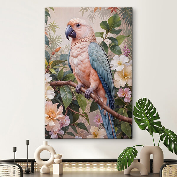 Vogel auf einem Zweig mit Blumen sitzend Vogel auf einem Zweig mit Blumen sitzend