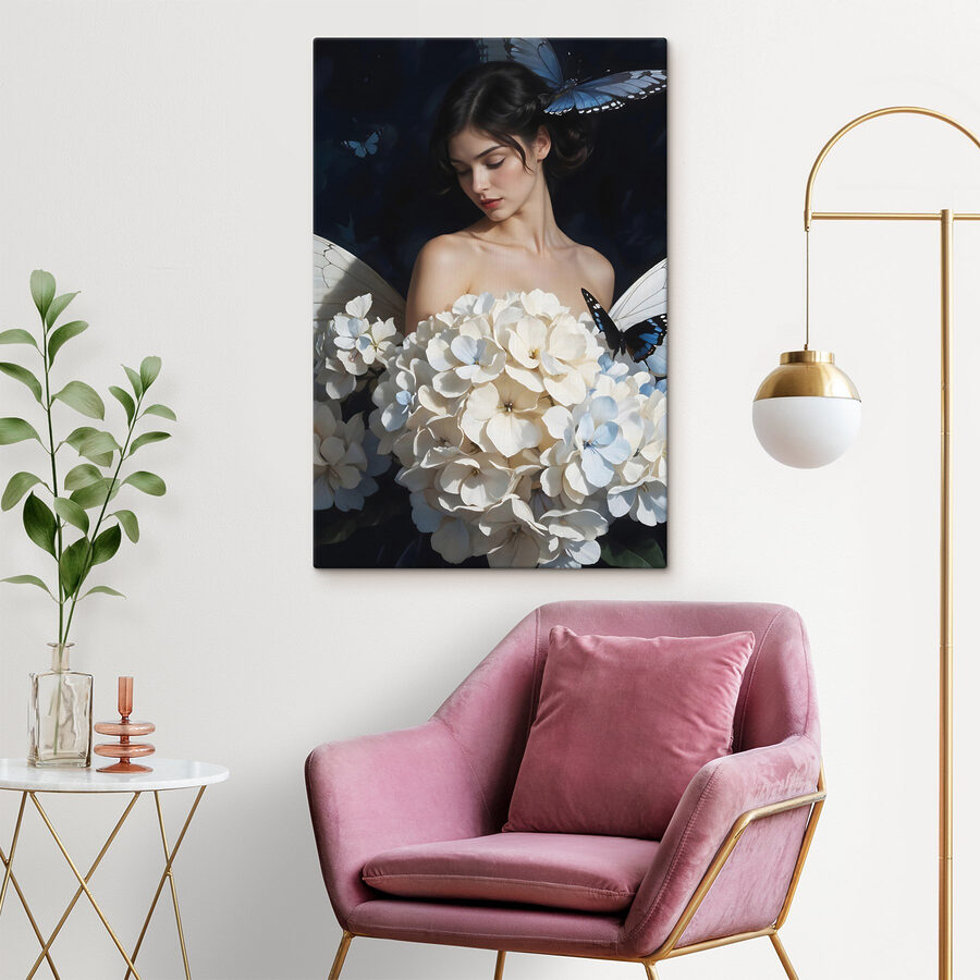 Frau mit Schmetterlingen und Blumen