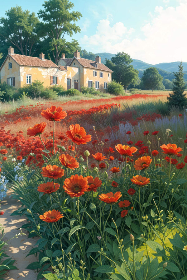 Field of flowers with a house in the background Field of flowers with a house in the background