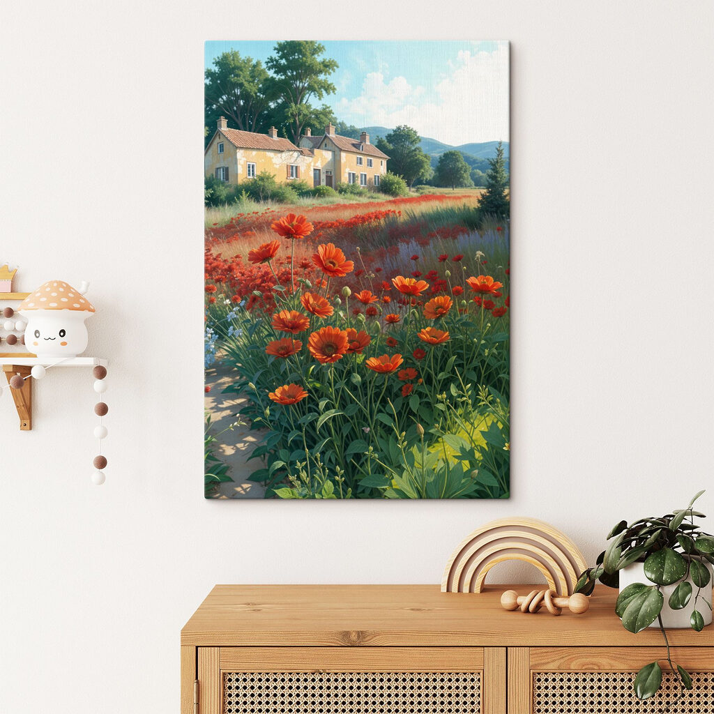 Field of flowers with a house in the background Field of flowers with a house in the background